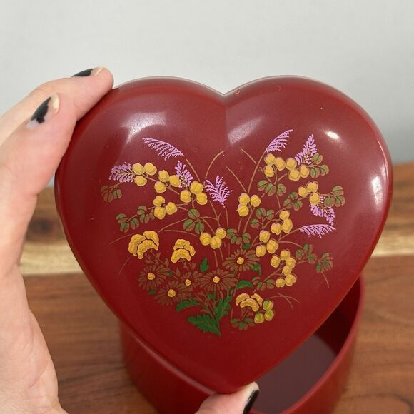Vtg Set of 3 Heart Nesting Boxes Melamine Red Floral Lided Trinket Keepsake Dish - Picture 8 of 14